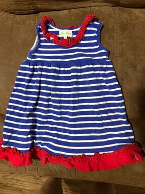 mine Girls' Blue & White Striped Casual Dress with Red Ruffle Trim